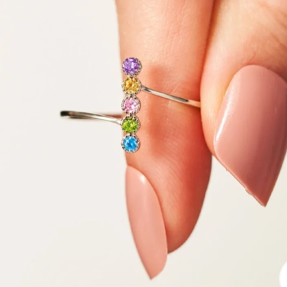 White Gold Plated Multi-Colour CZ Gemstone Bar Ring. New.
